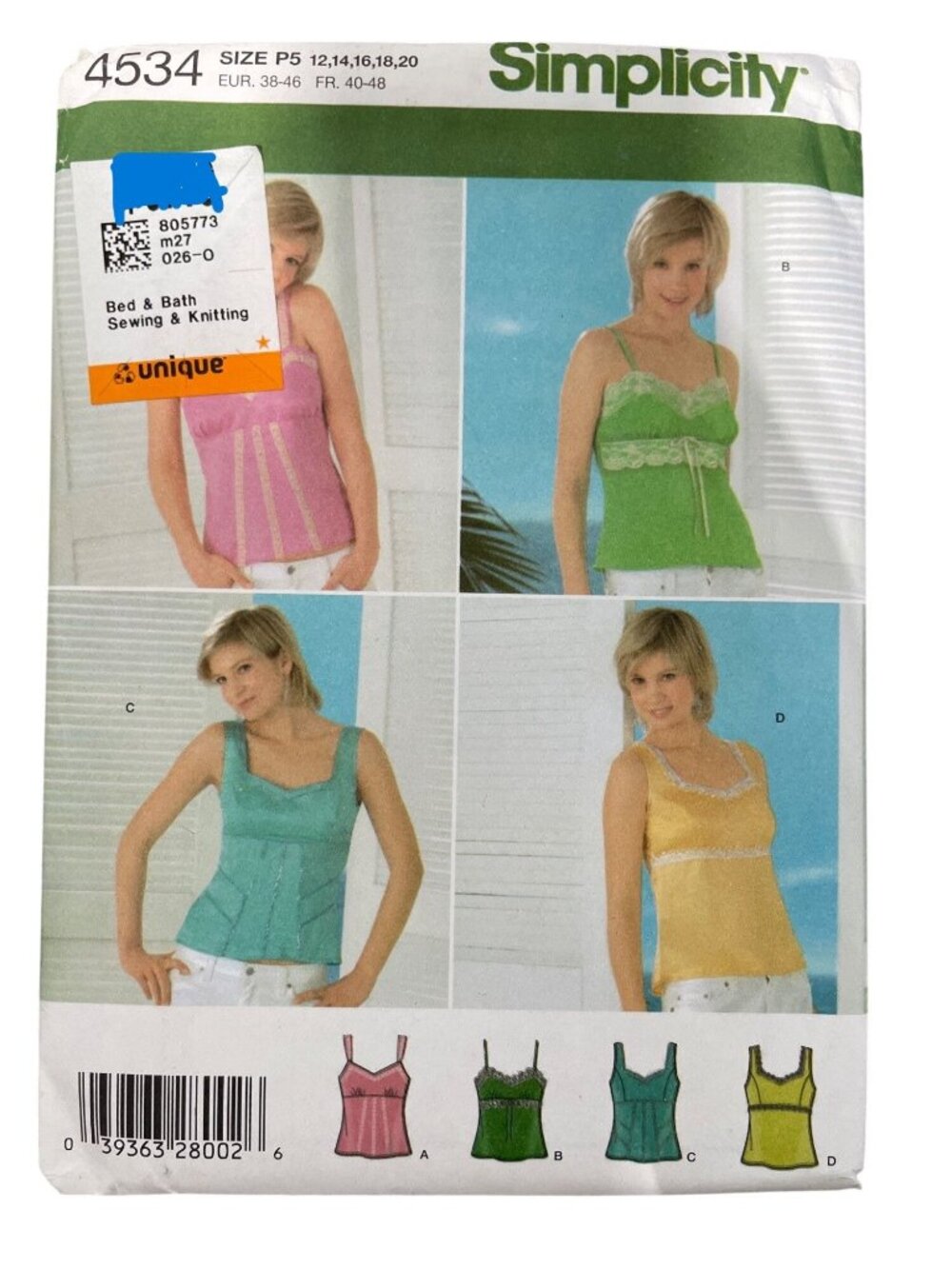 Simplicity 4534 Sewing Pattern Sizes 12-20 Misses Top Bodice Variations UNCUT